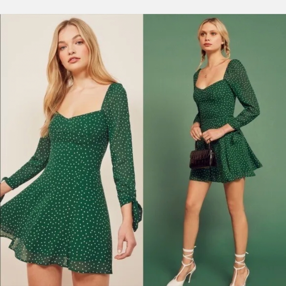 Reformation BEATRICE FIT & FLARE DRESS in Green Polka Dot 8